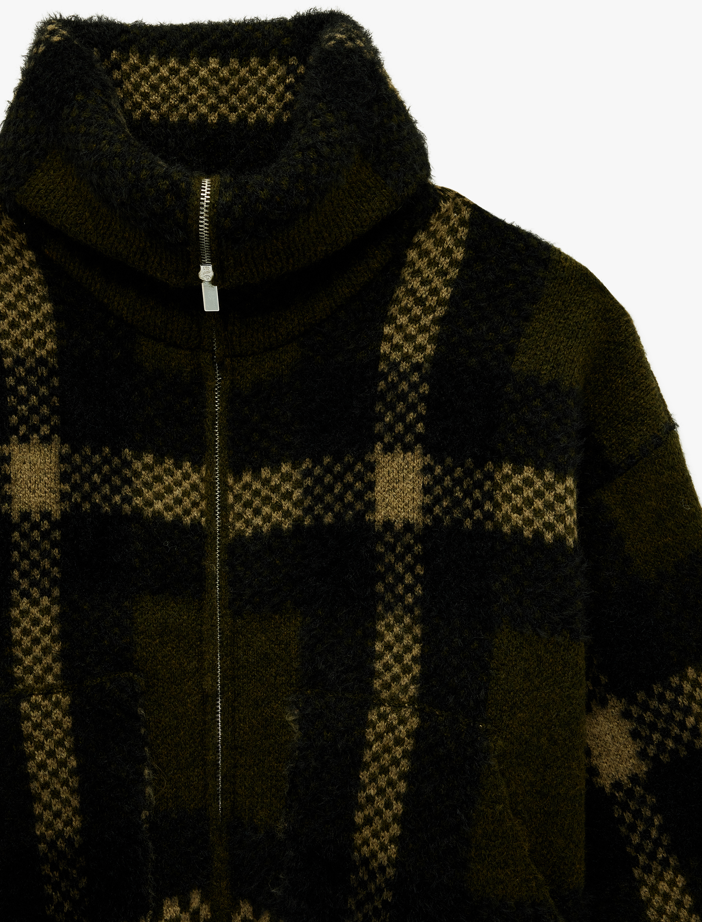   Dik Yaka Fermuarlı Ekoseli Hırka