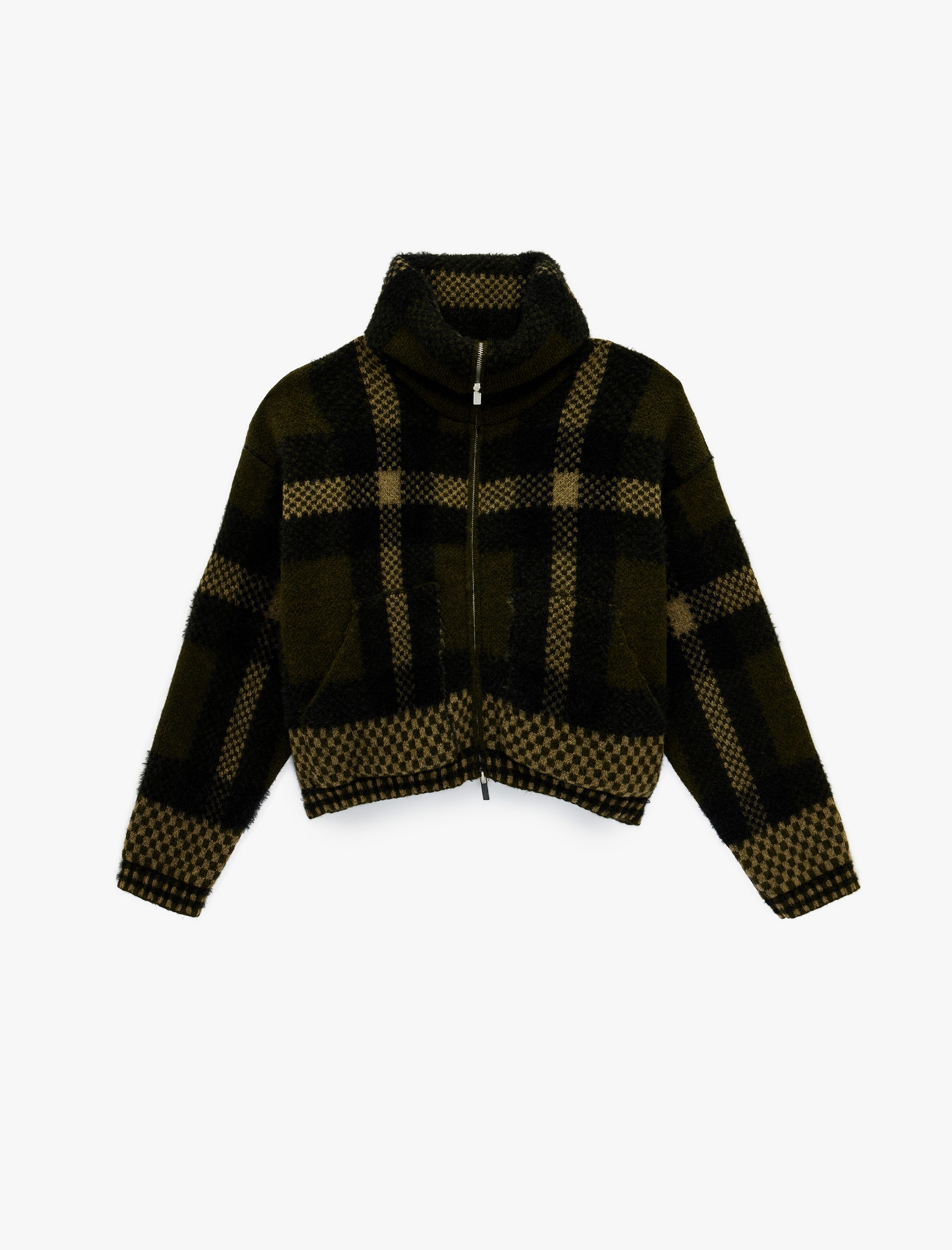   Dik Yaka Fermuarlı Ekoseli Hırka