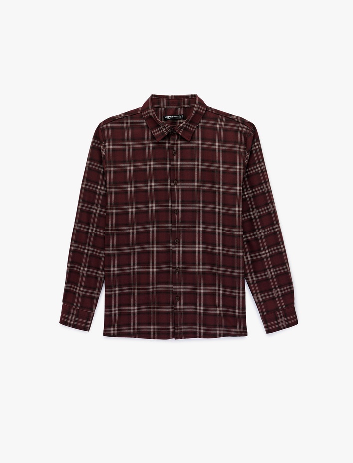  Regular Fit Viskon Karışımlı Kareli Klasik Yaka Uzun Kollu Oduncu Gömleği