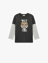 Pamuklu Uzun Kollu Bisiklet Yaka Baskılı Tişört