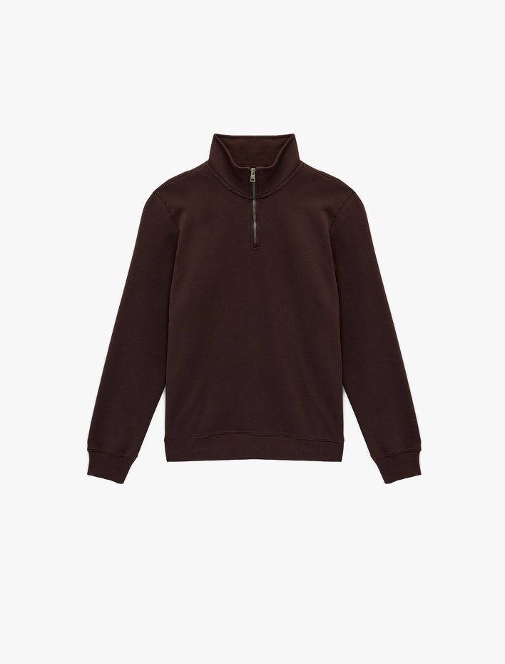  Uzun Kollu Şardonlu Basic Yarım Fermuarlı Sweatshirt