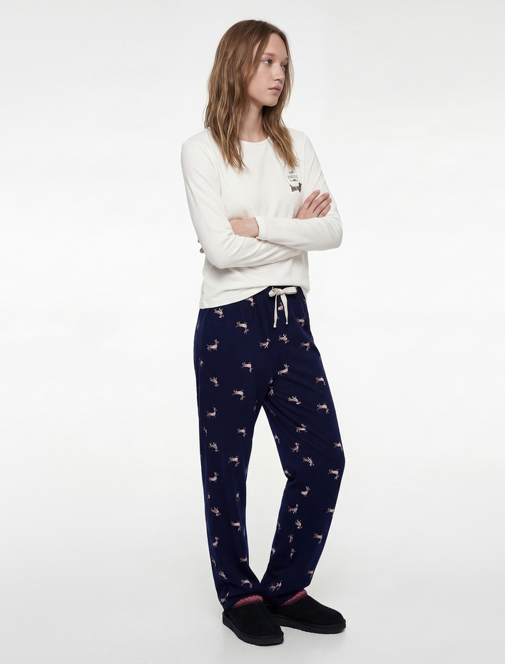  Uzun Kollu Bisiklet Yaka Köpek Desenli Pamuklu Pijama Takımı