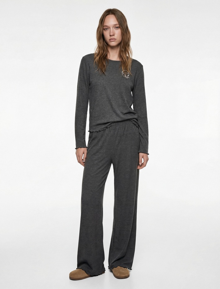  Uzun Kollu Bisiklet Yaka Nakış Detaylı Pijama Takımı