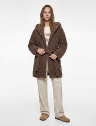 Rahat Kalıp Gizli Cep Detaylı Kapşonlu Polar Sabahlık