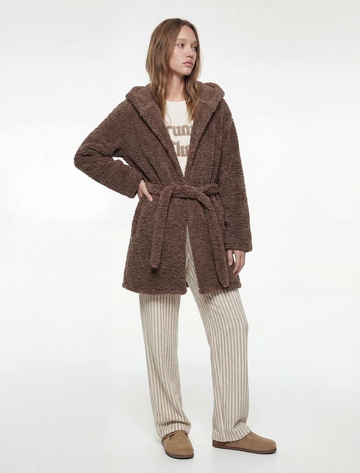  Rahat Kalıp Gizli Cep Detaylı Kapşonlu Polar Sabahlık