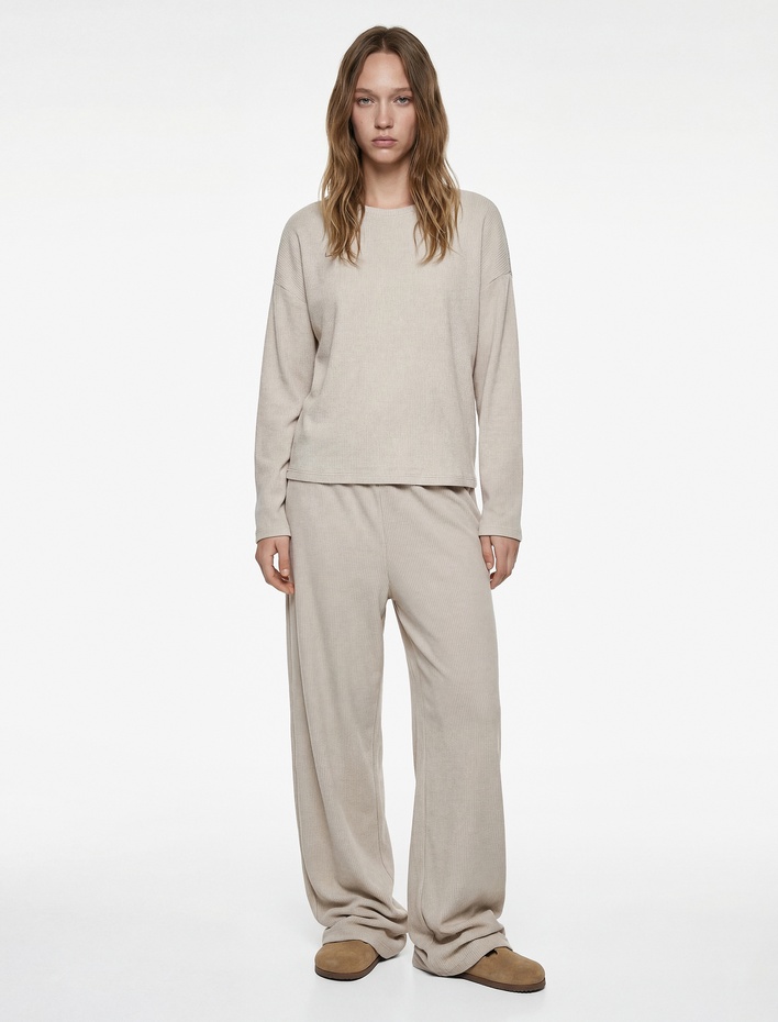  Uzun Kollu Bisiklet Yaka Rahat Kalıp Pijama Üstü