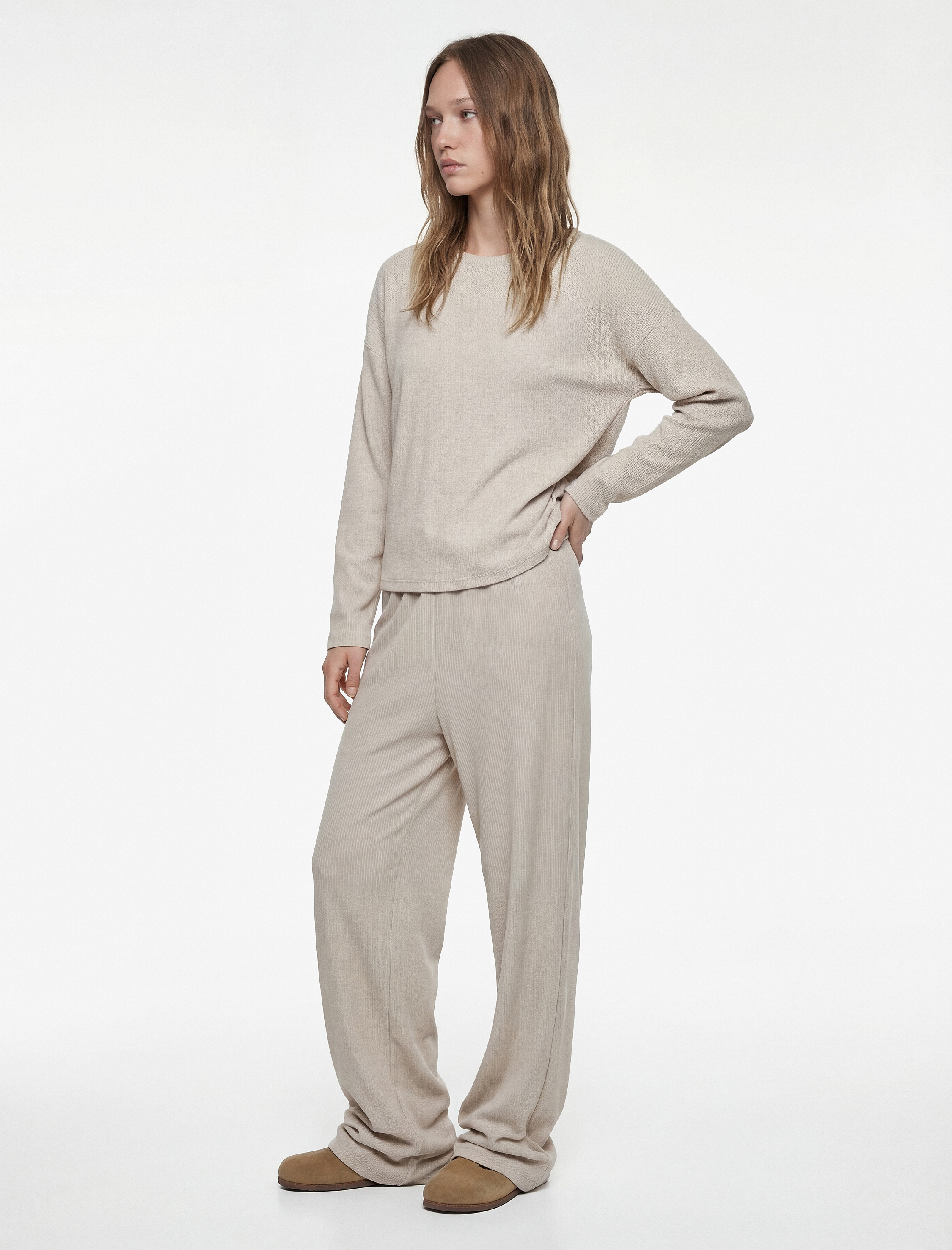   Uzun Kollu Bisiklet Yaka Rahat Kalıp Pijama Üstü