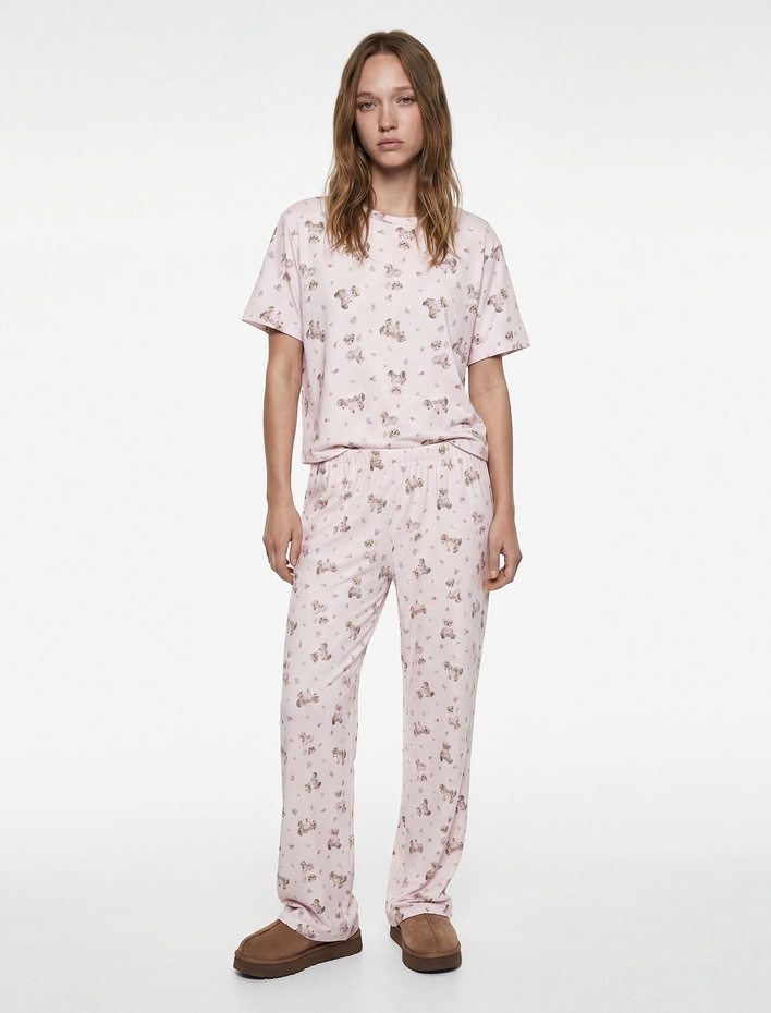  Rahat Kalıp Kısa Kollu Köpek Baskılı Pijama Takımı