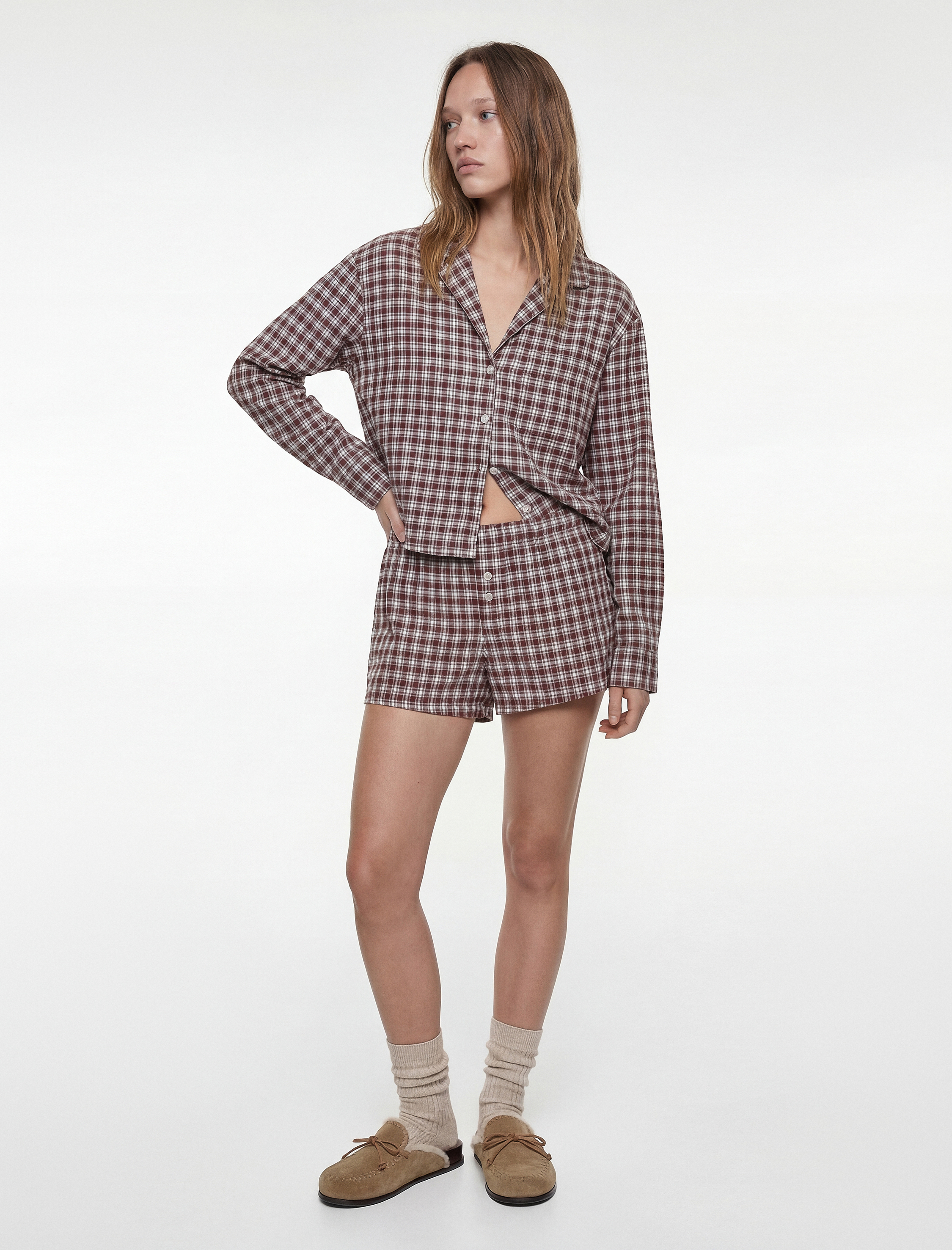   Uzun Kollu Gömlek Yaka Oversize Crop Ekoseli Pijama Üstü