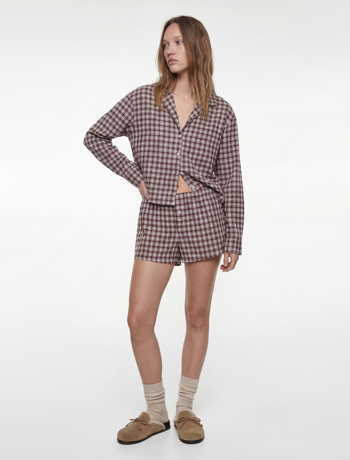  Uzun Kollu Gömlek Yaka Oversize Crop Ekoseli Pijama Üstü