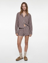 Uzun Kollu Gömlek Yaka Oversize Crop Ekoseli Pijama Üstü