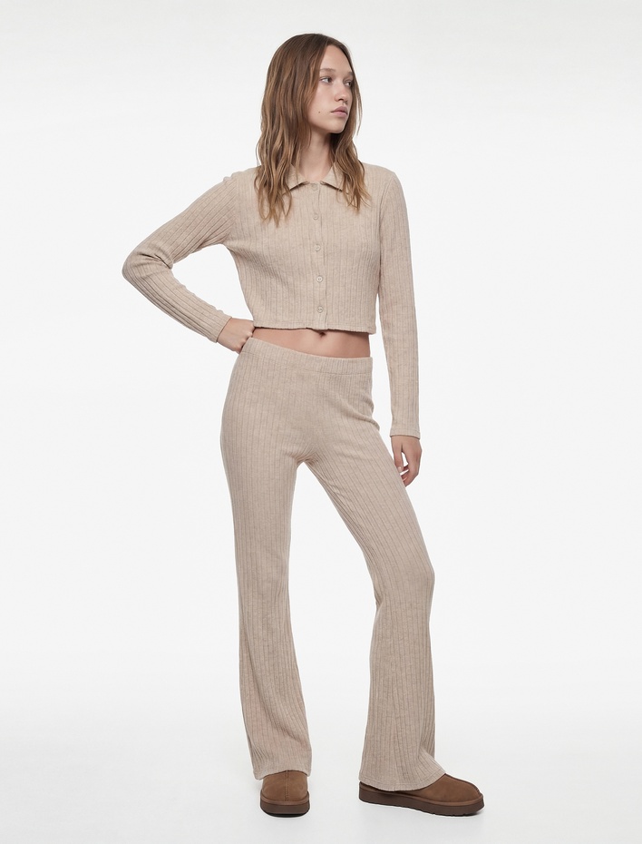  Uzun Kollu Gömlek Yaka Düğmeli Triko Pijama Üstü