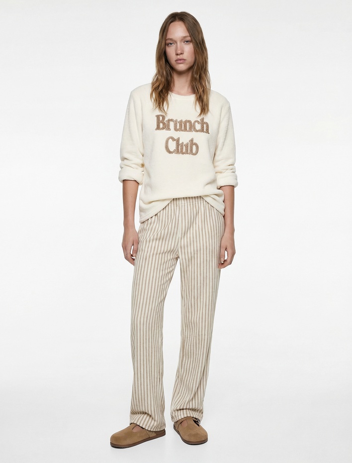  Rahat Kalıp Uzun Kollu Bisiklet Yaka 2'li Pijama Takımı