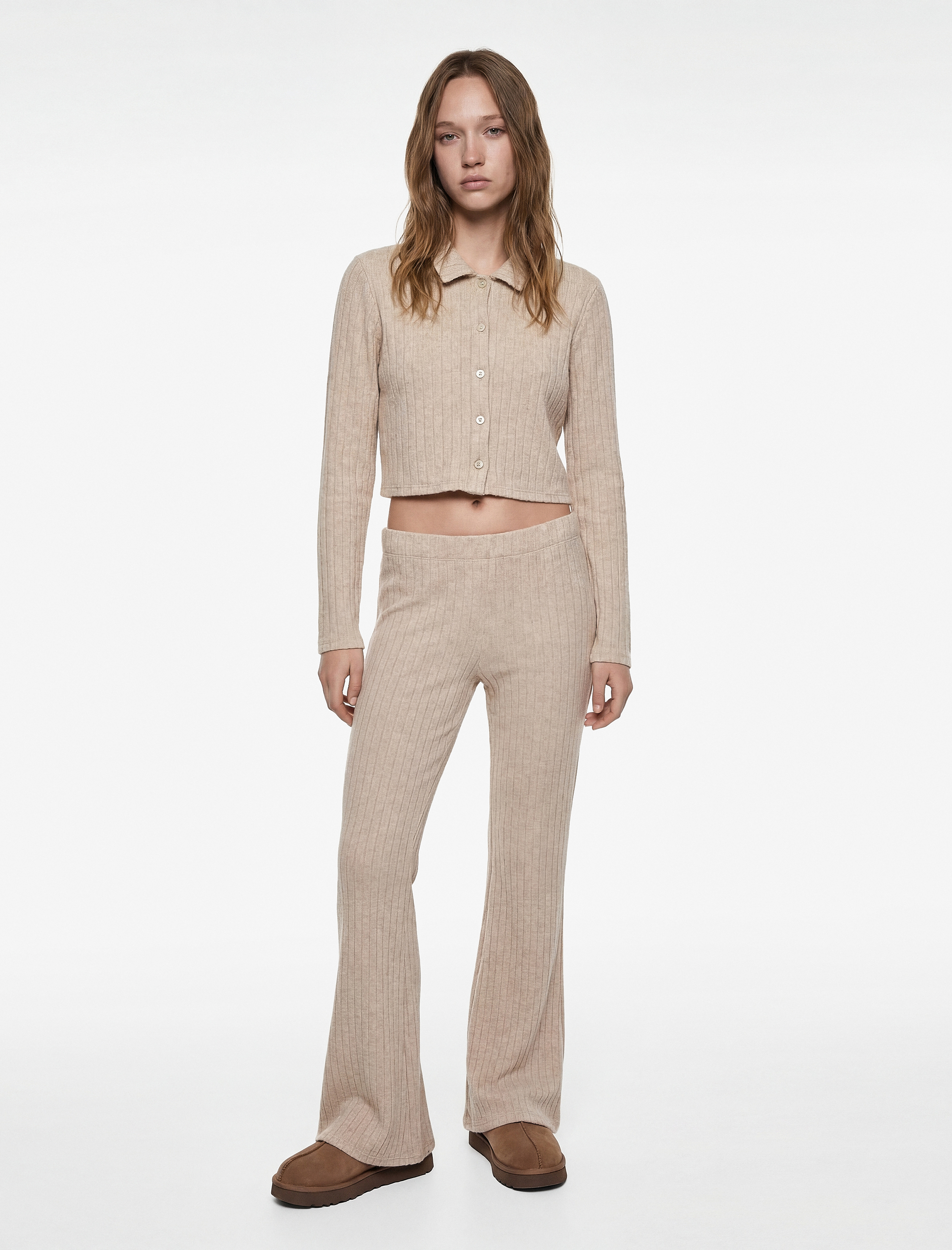   Uzun Kollu Gömlek Yaka Düğmeli Triko Pijama Üstü