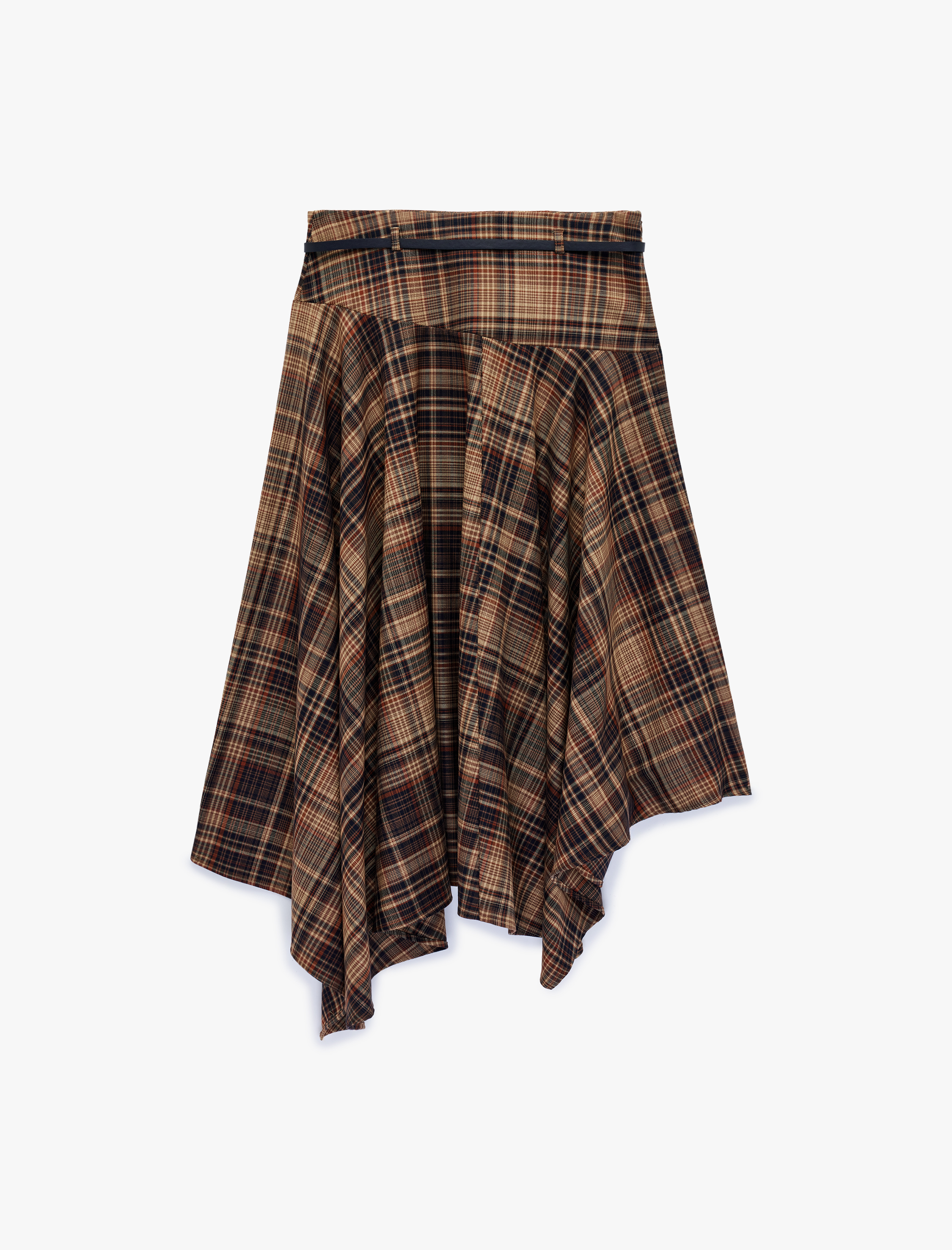   Yüksek Bel Asimetrik Kesim Kloş Midi Ekose Etek