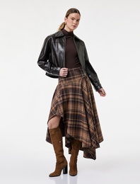 Yüksek Bel Asimetrik Kesim Kloş Midi Ekose Etek