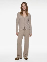 V Yaka Uzun Kollu Düğmeli Triko Pijama Üstü