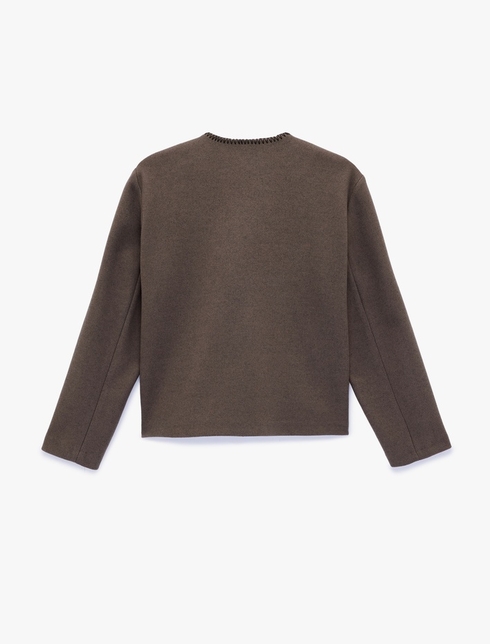  Çoban Dikişi Detaylı Düğmeli Uzun Kollu Cepli Kaşe Ceket