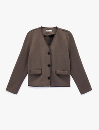 Çoban Dikişi Detaylı Düğmeli Uzun Kollu Cepli Kaşe Ceket