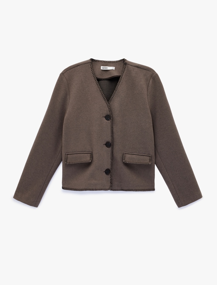  Çoban Dikişi Detaylı Düğmeli Uzun Kollu Cepli Kaşe Ceket