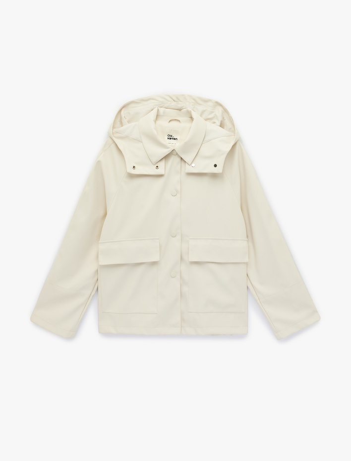  Rahat Kalıp Uzun Kollu Cepli Çıtçıt Düğme Detaylı Su İtici Kapşonlu Yağmurluk