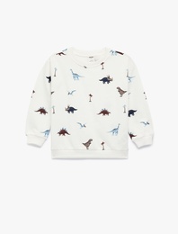 Pamuklu Uzun Kollu Bisiklet Yaka Dinozor Baskılı Sweatshirt