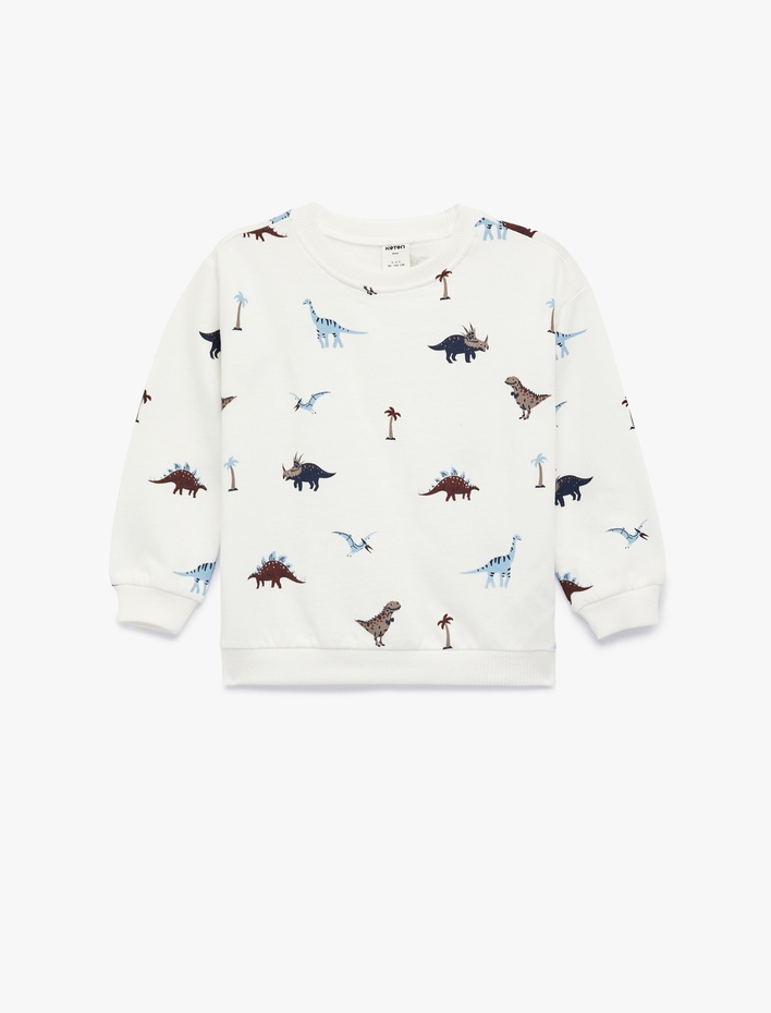 Erkek Bebek Pamuklu Uzun Kollu Bisiklet Yaka Dinozor Baskılı Sweatshirt