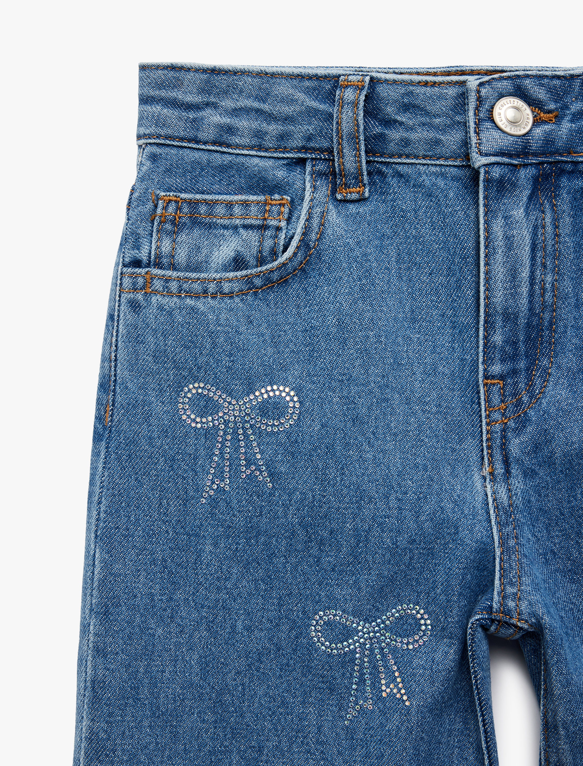  Kız Çocuk Pamuklu Fiyonk Baskılı Taş Detaylı Denim Pantolon