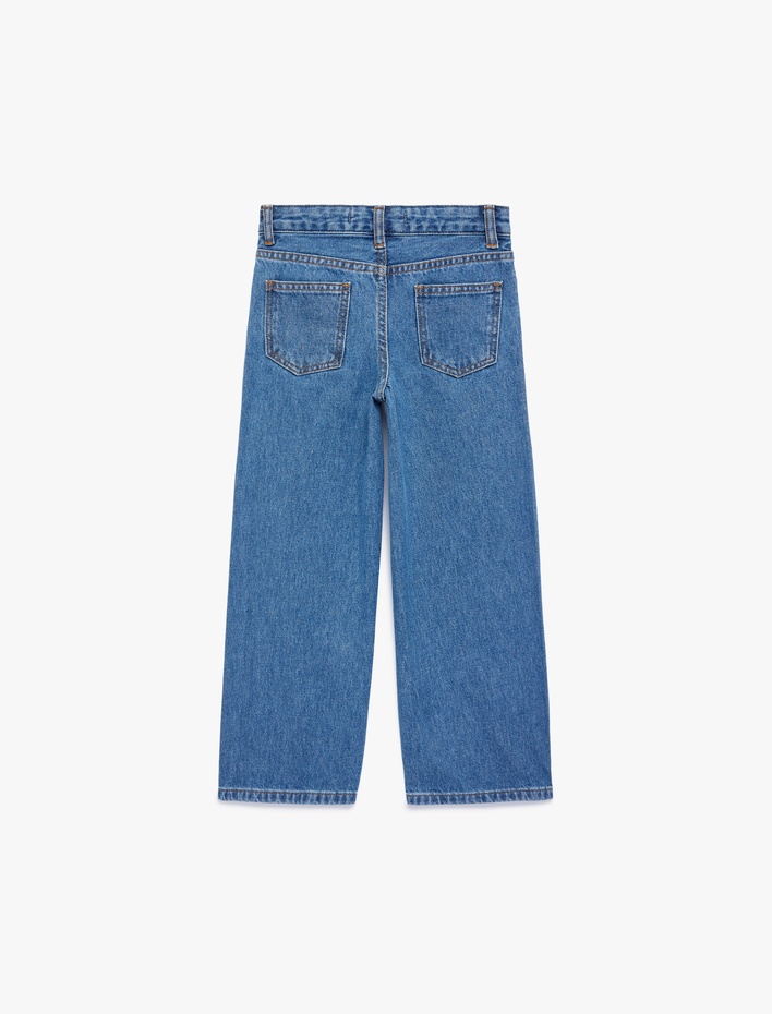 Kız Çocuk Pamuklu Fiyonk Baskılı Taş Detaylı Denim Pantolon