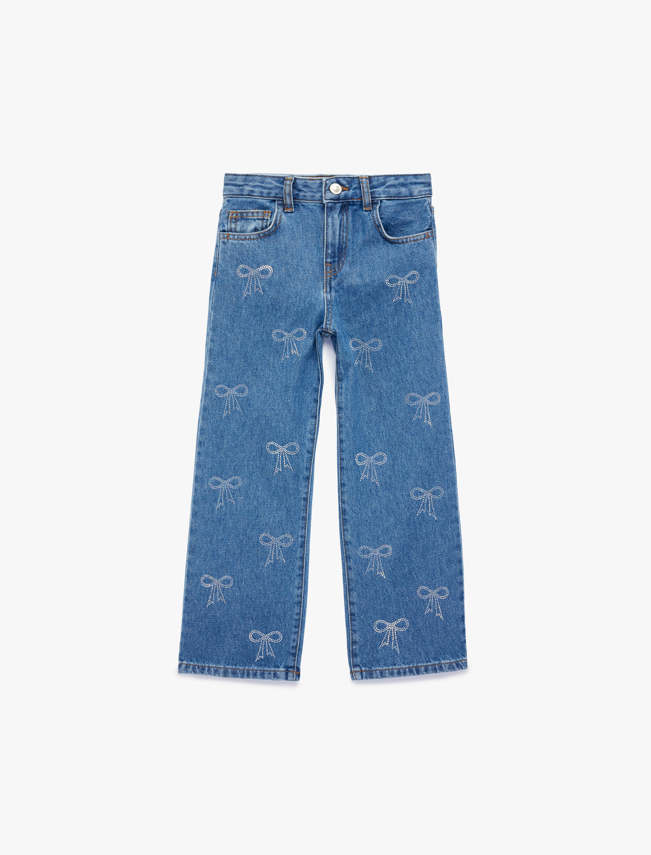  Kız Çocuk Pamuklu Fiyonk Baskılı Taş Detaylı Denim Pantolon