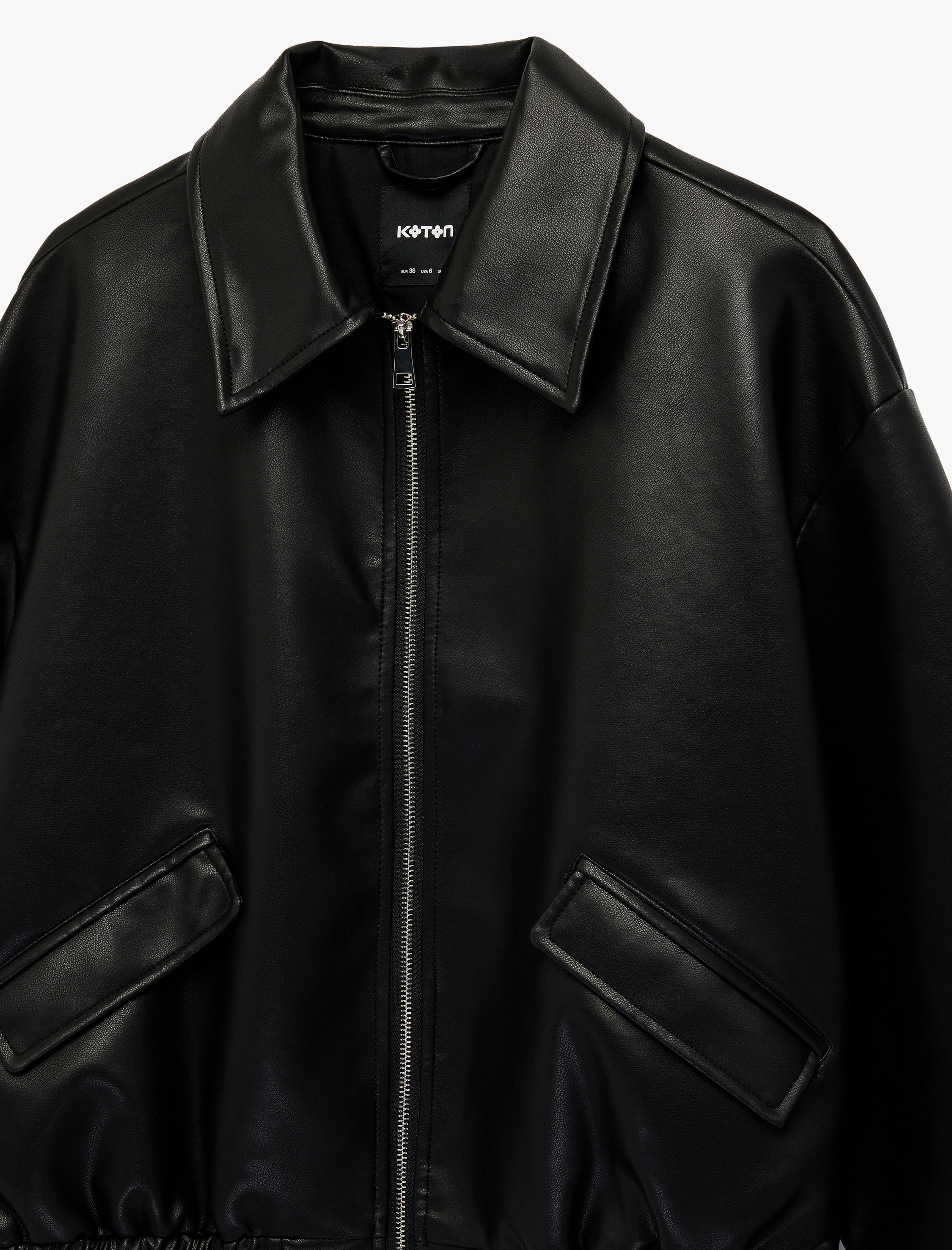   Uzun Kollu Cepli Fermuarlı Oversize Suni Deri Ceket