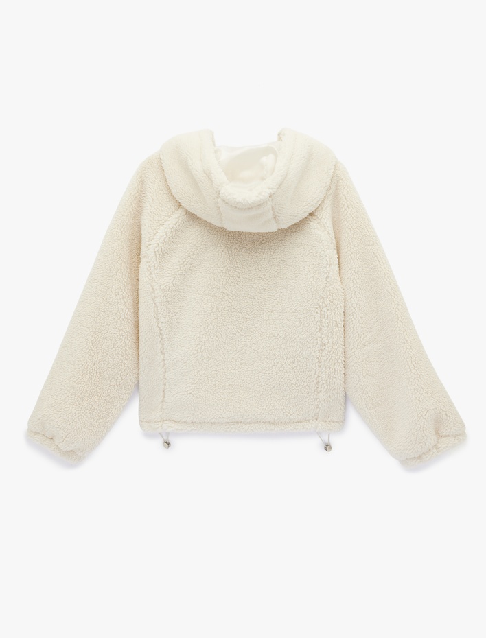  Uzun Kollu Regular Fit Cepli Fermuarlı Crop Kapüşonlu Peluş Ceket