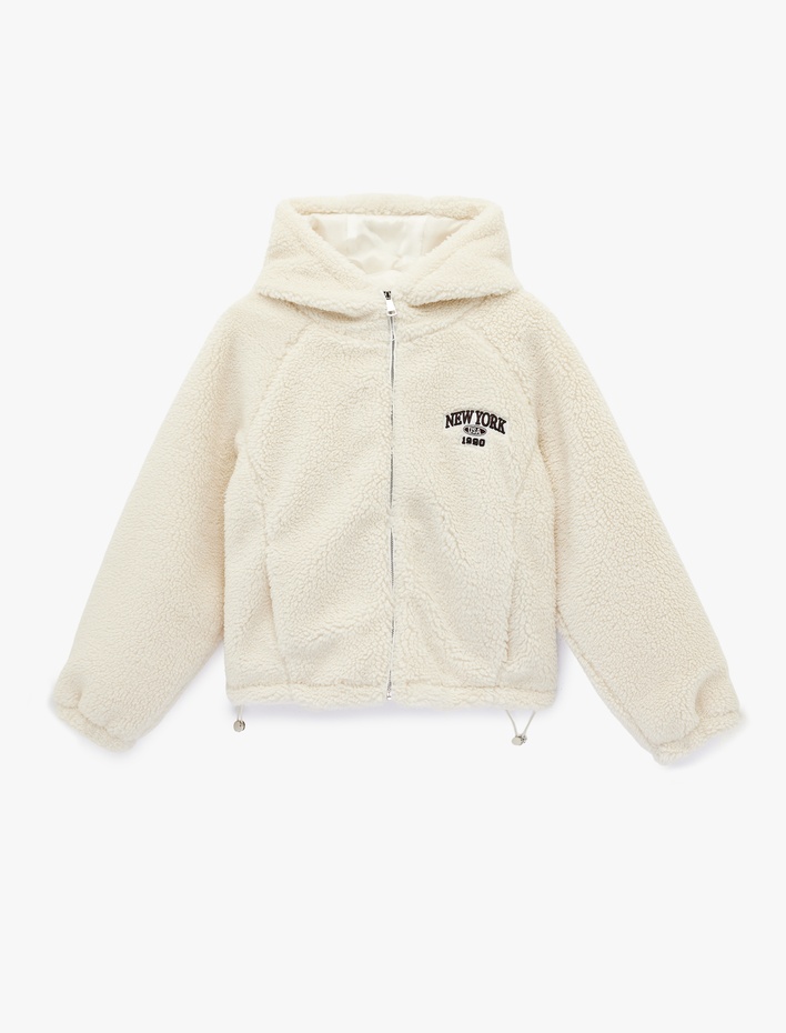  Uzun Kollu Regular Fit Cepli Fermuarlı Crop Kapüşonlu Peluş Ceket