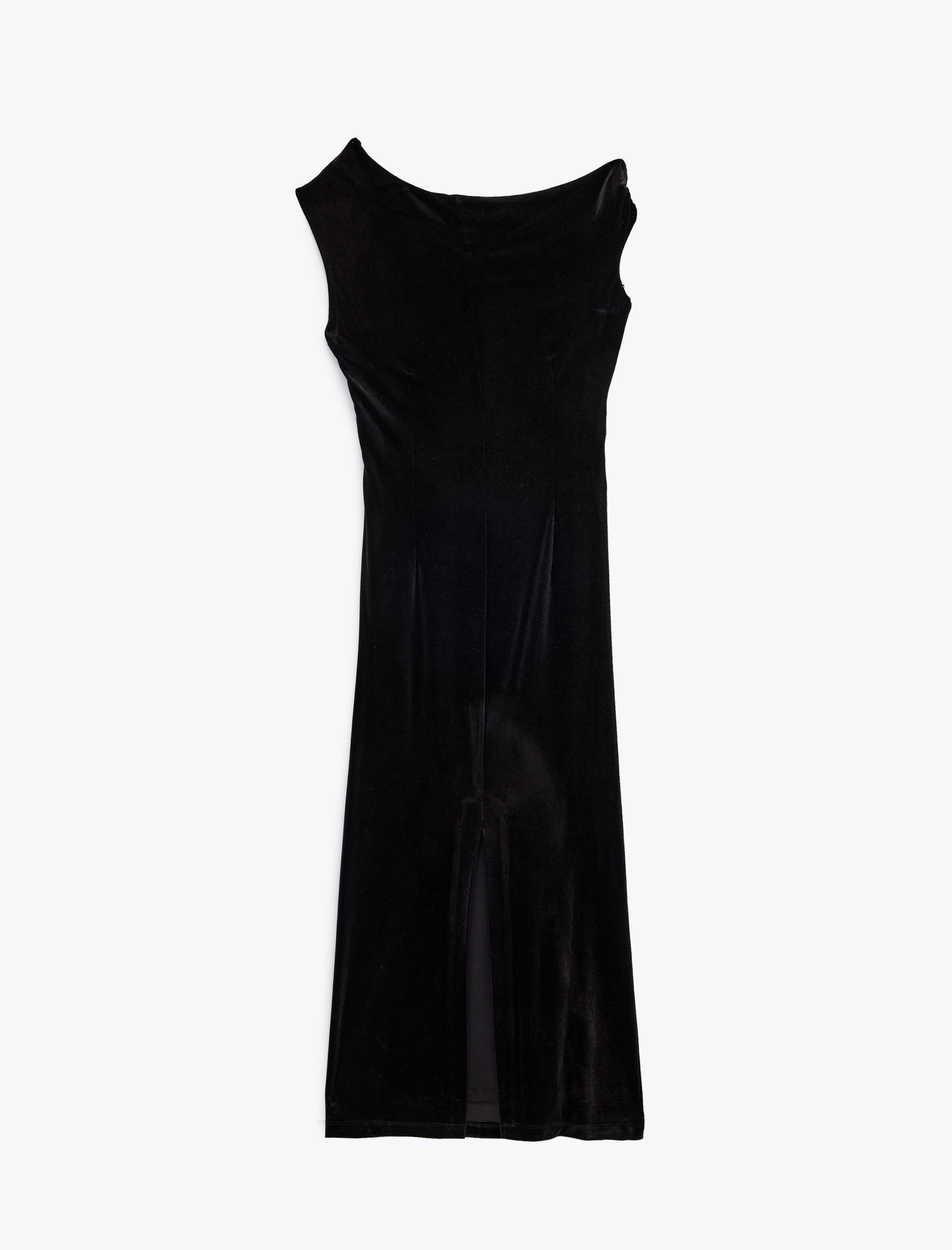   Slim Fit Asimetrik Yaka Kolsuz Aksesuar Detaylı Midi Boy Kadife Elbise