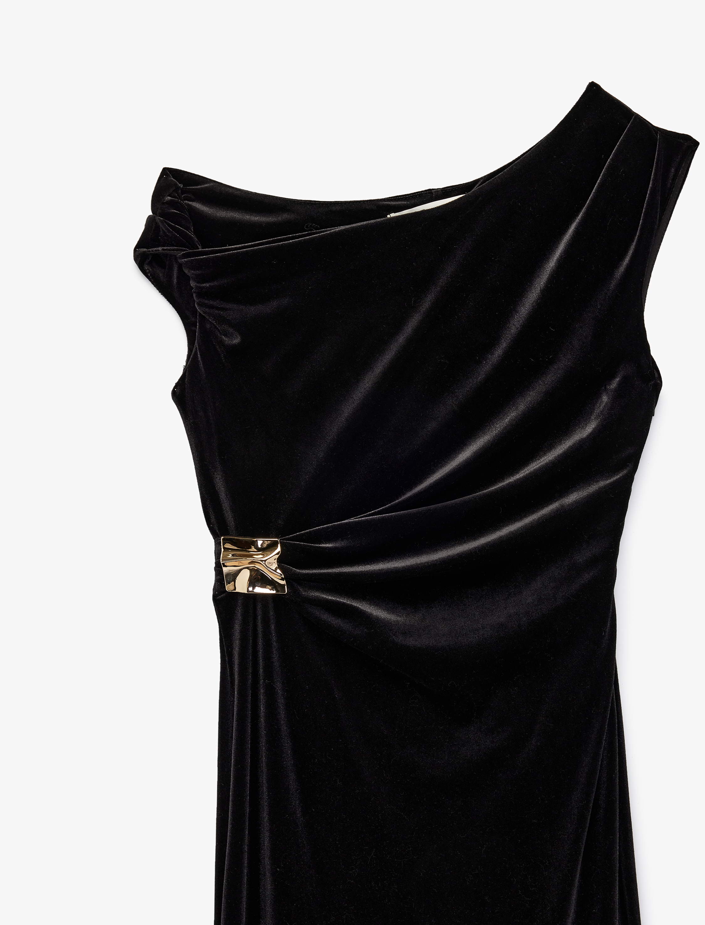   Slim Fit Asimetrik Yaka Kolsuz Aksesuar Detaylı Midi Boy Kadife Elbise