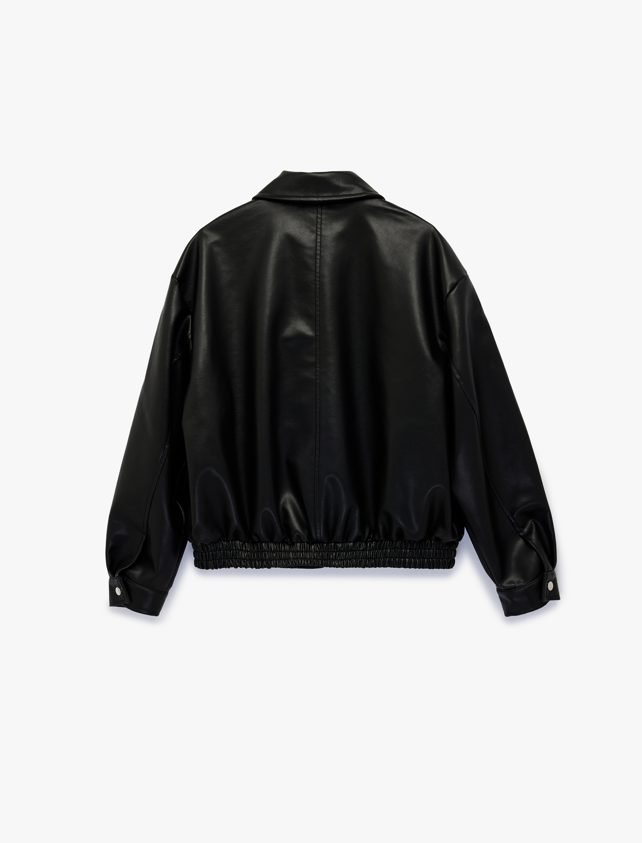   Uzun Kollu Cepli Fermuarlı Oversize Suni Deri Ceket