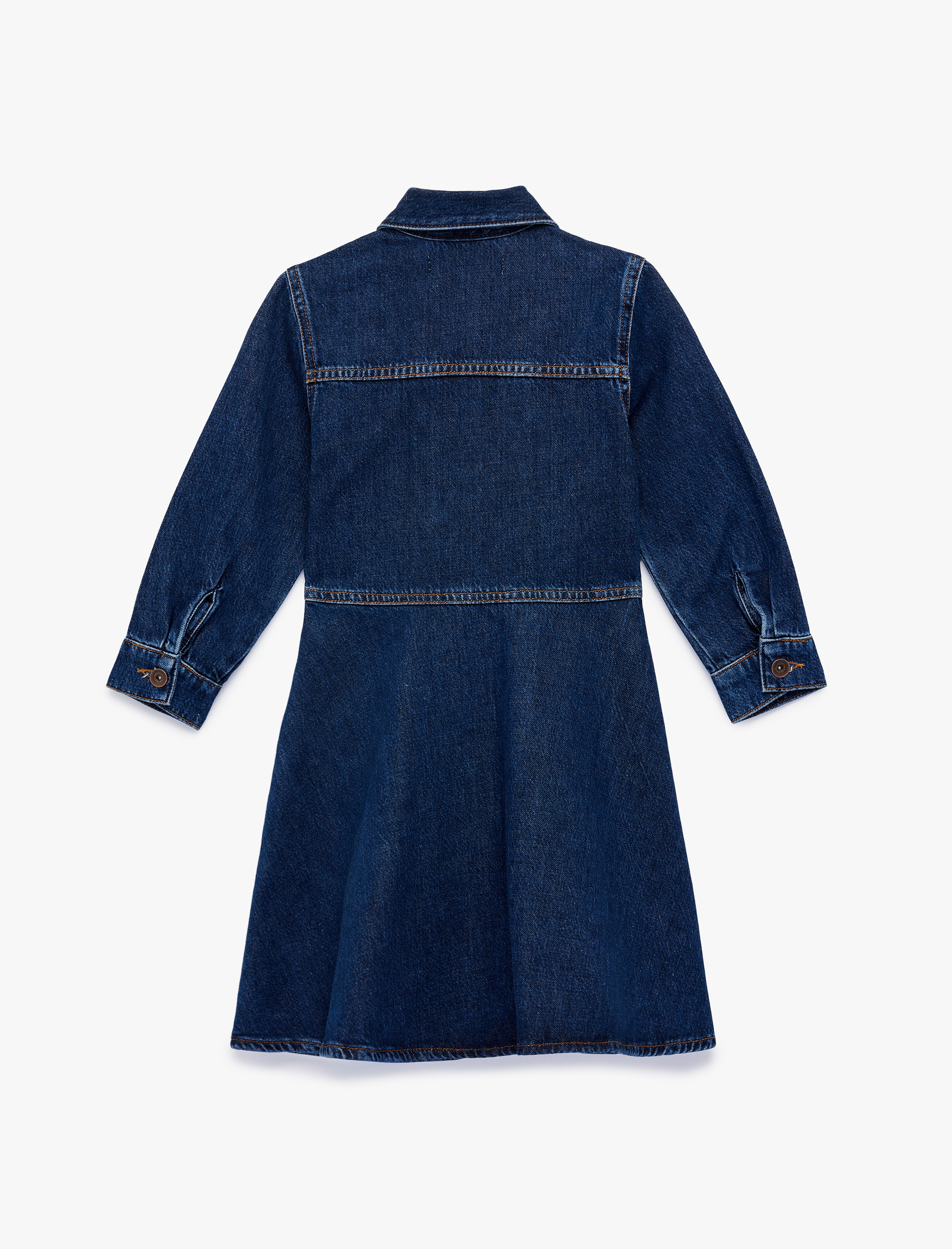  Kız Çocuk Pamuklu Düğmeli Kapaklı Cepli Uzun Kollu Denim Elbise