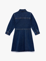 Pamuklu Düğmeli Kapaklı Cepli Uzun Kollu Denim Elbise