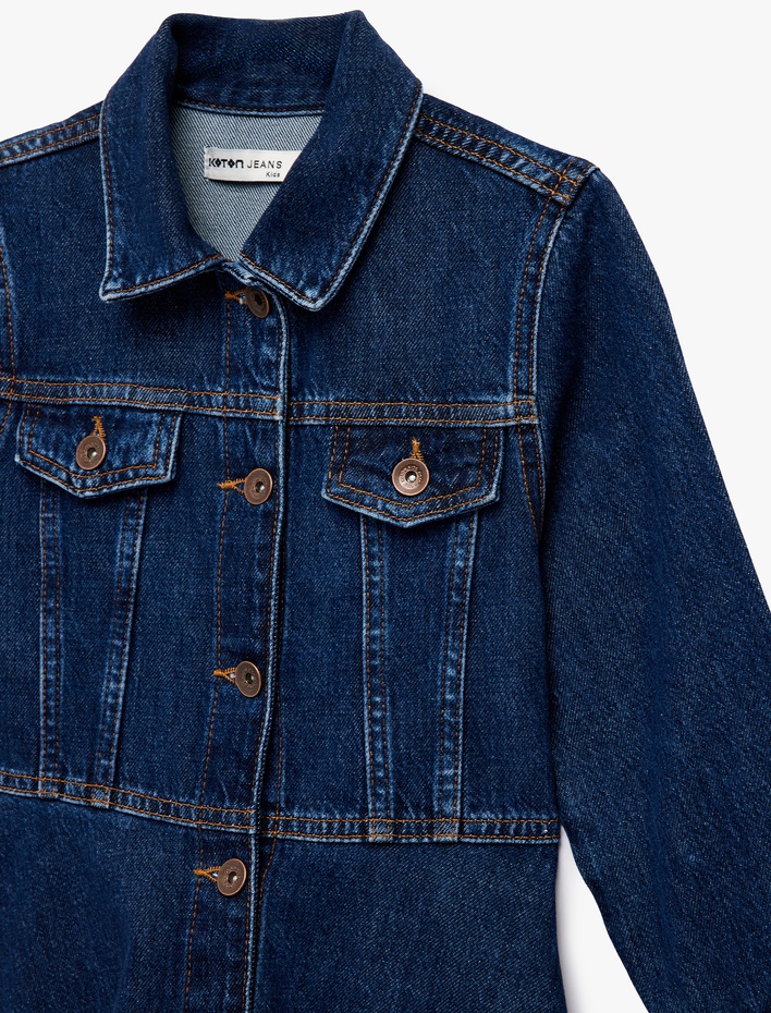 Kız Çocuk Pamuklu Düğmeli Kapaklı Cepli Uzun Kollu Denim Elbise