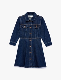 Pamuklu Düğmeli Kapaklı Cepli Uzun Kollu Denim Elbise