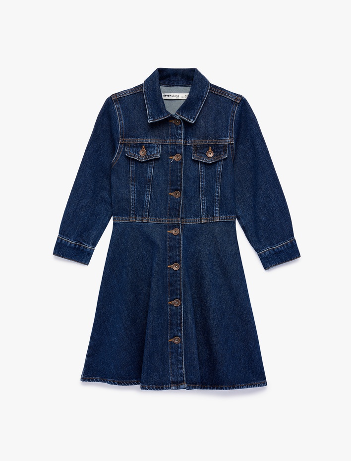 Kız Çocuk Pamuklu Düğmeli Kapaklı Cepli Uzun Kollu Denim Elbise