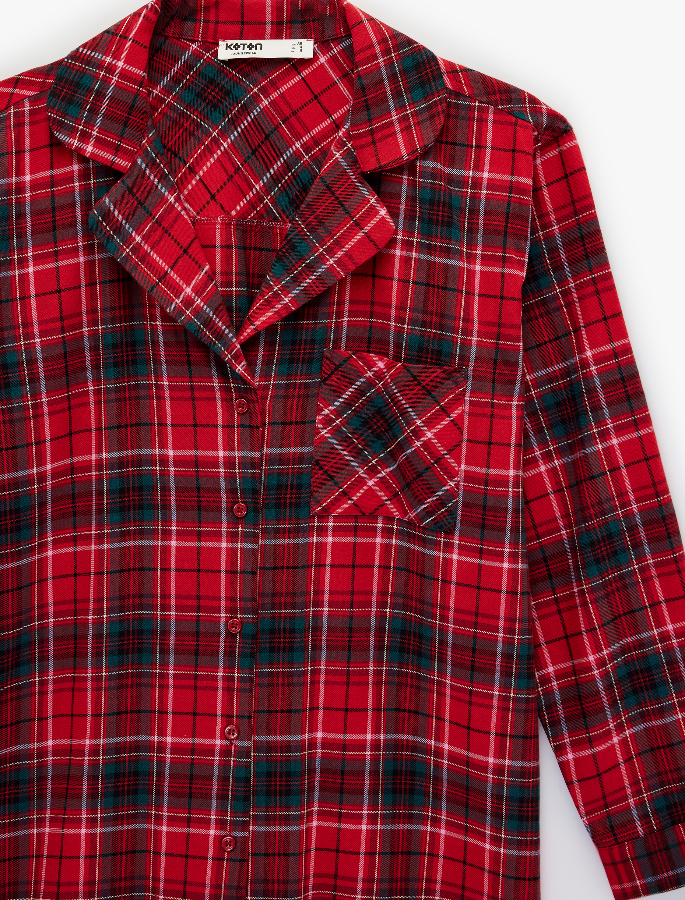   Pamuklu Gömlek Yaka Düğmeli Ekose Pijama Üstü