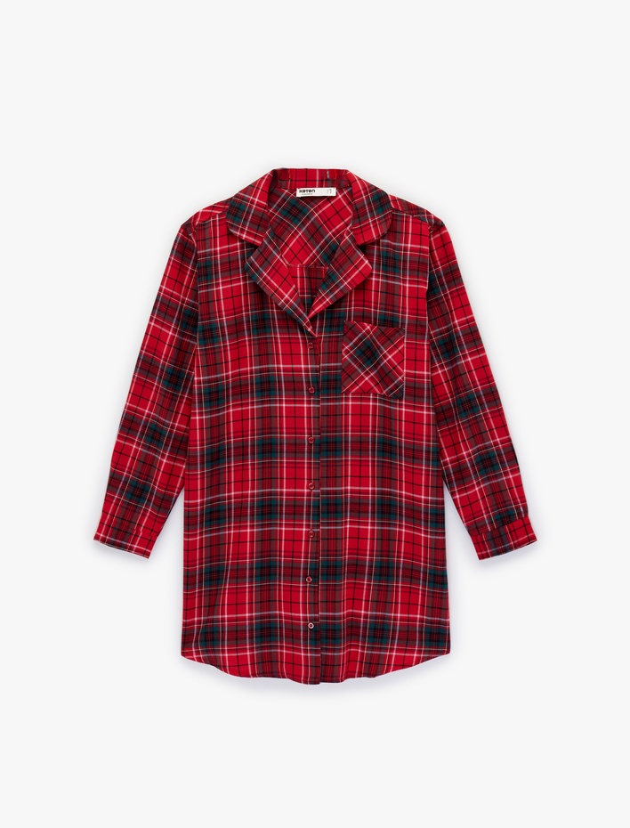  Pamuklu Gömlek Yaka Düğmeli Ekose Pijama Üstü