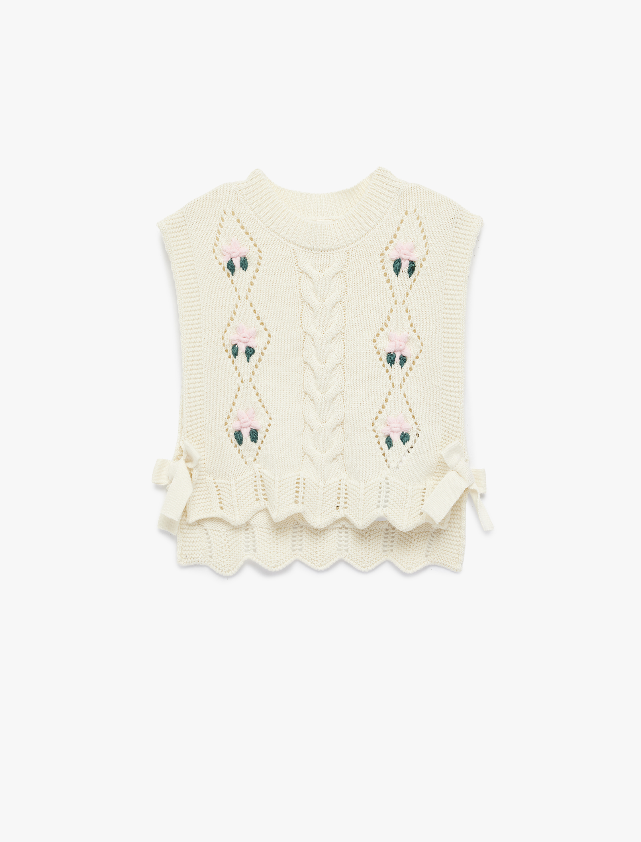  Kız Bebek Fiyonk Detaylı  Bisiklet Yaka Çiçekli Triko Süveter