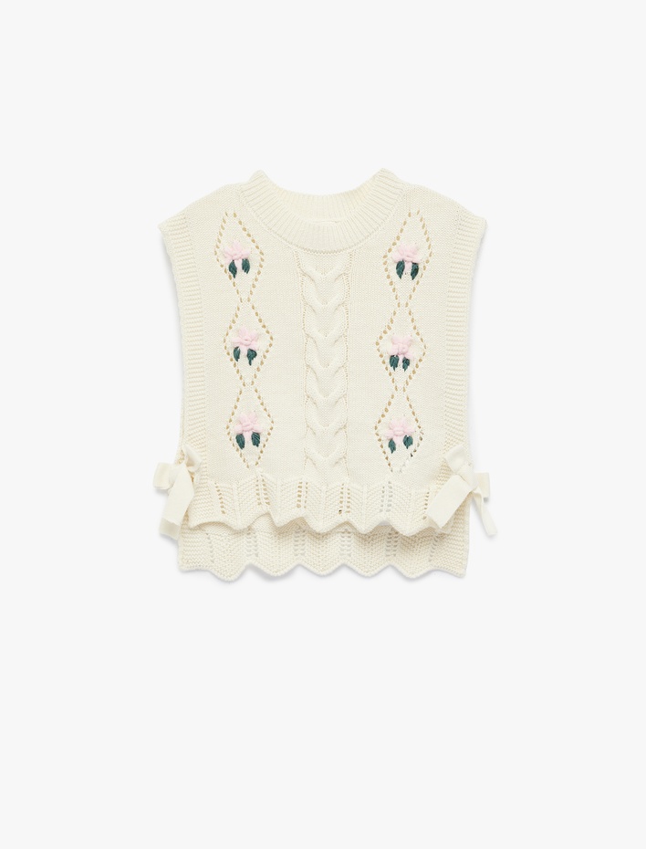 Kız Bebek Fiyonk Detaylı  Bisiklet Yaka Çiçekli Triko Süveter