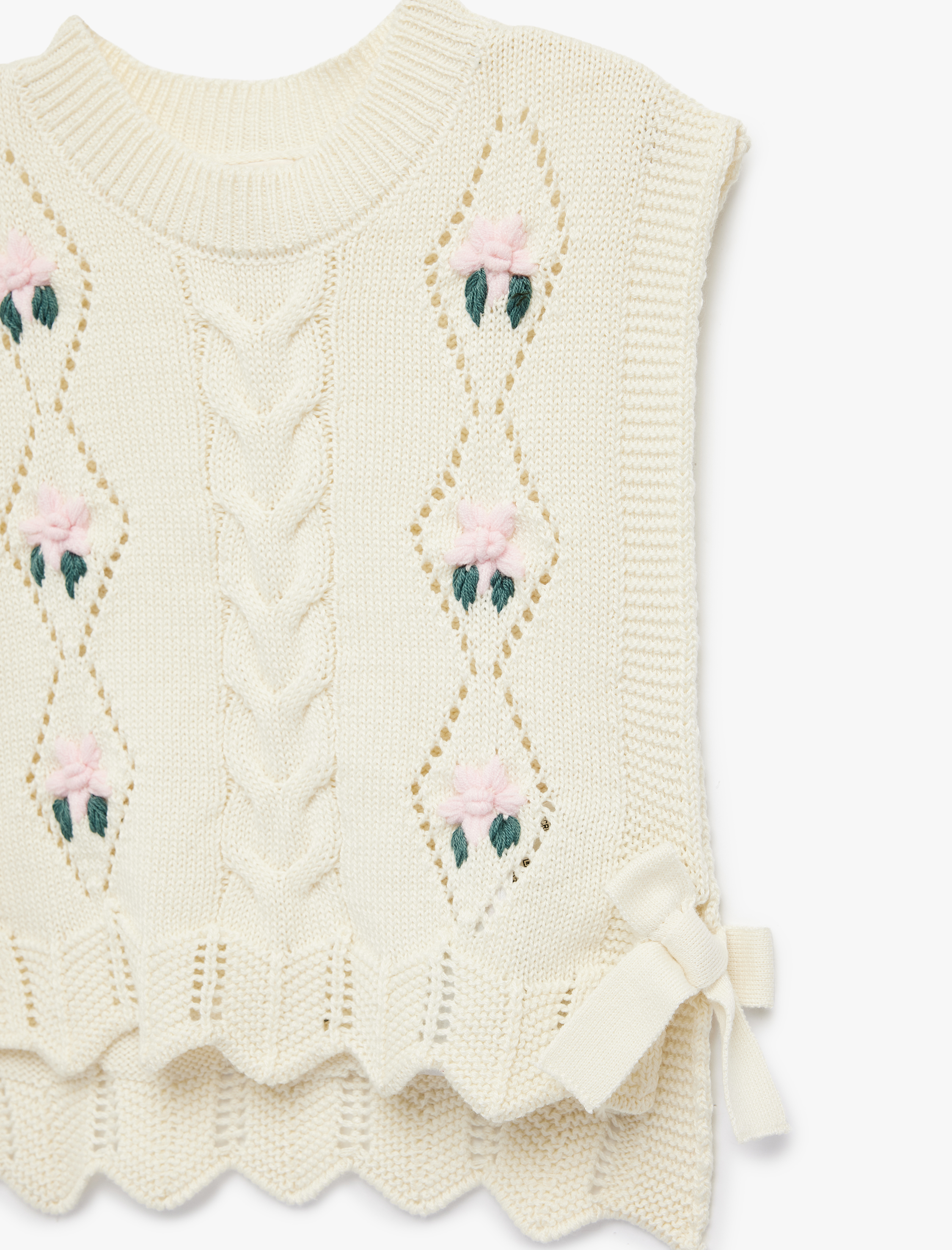  Kız Bebek Fiyonk Detaylı  Bisiklet Yaka Çiçekli Triko Süveter