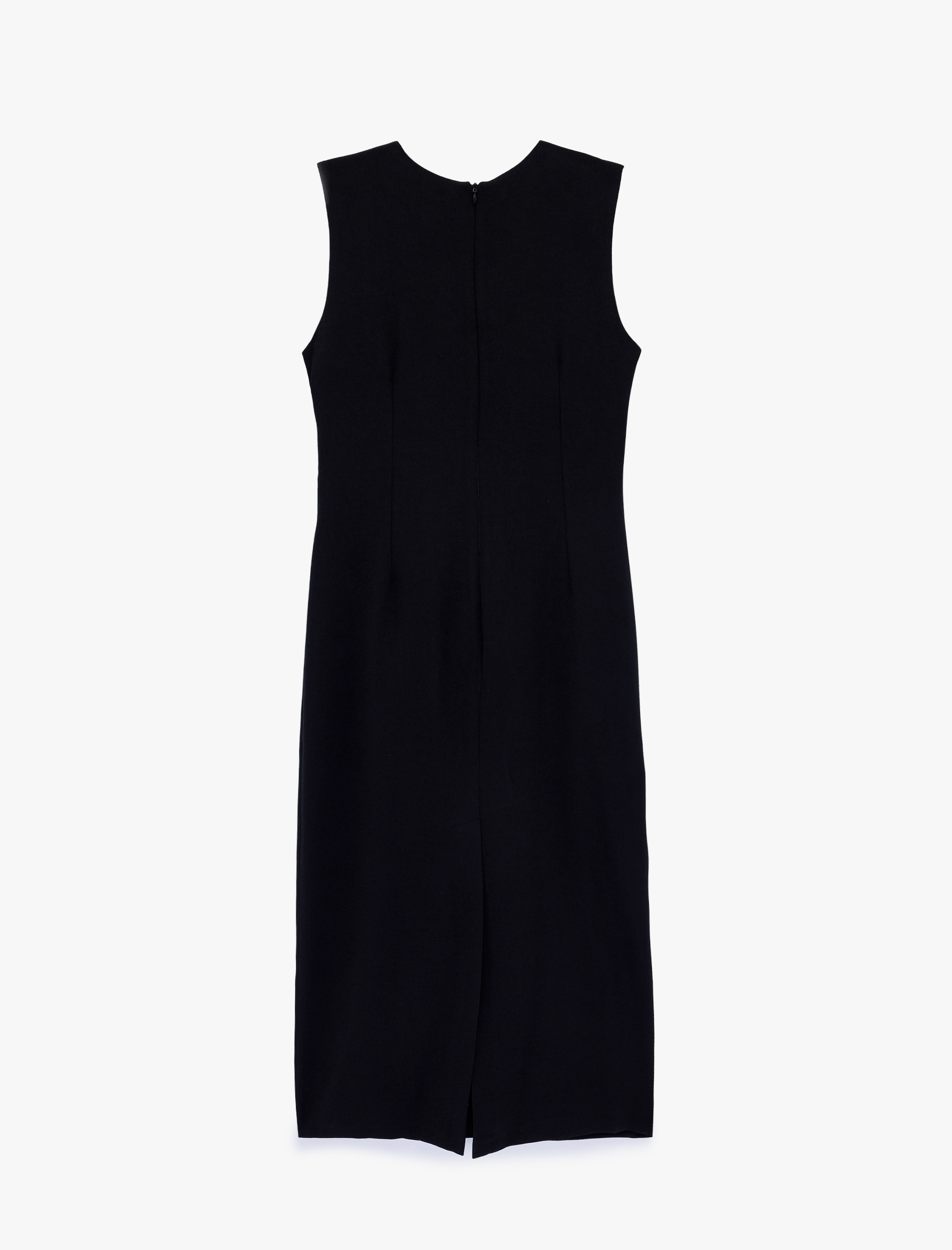   Krep Kumaş Slim Fit Aksesuarlı Kolsuz Bisiklet Yaka Midi Boy Drapeli Elbise