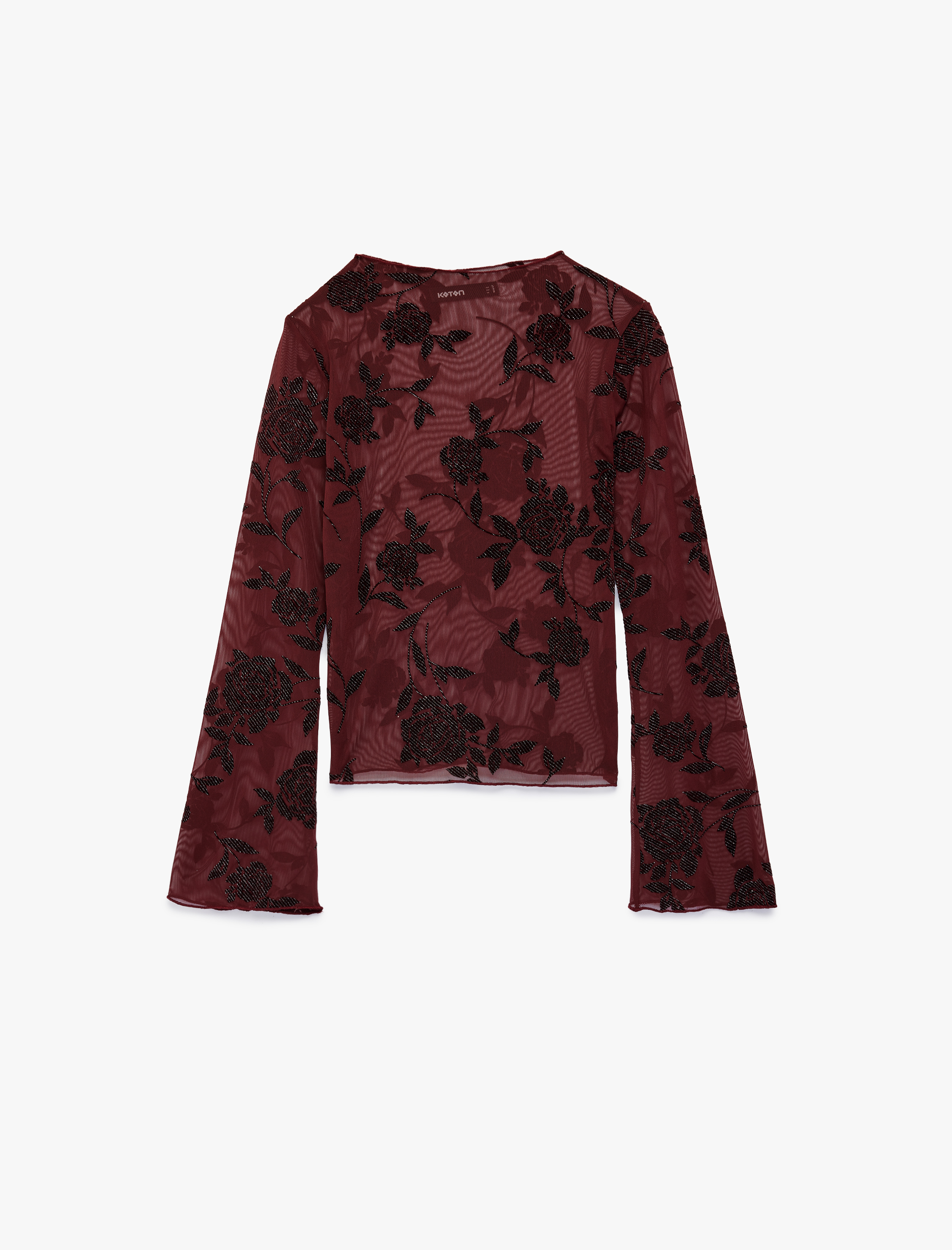   Uzun İspanyol Kollu Parıltılı Çiçek Desenli Tül Transparan Bluz