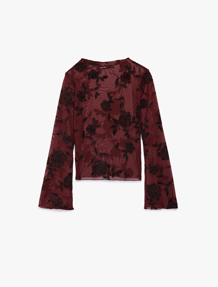  Uzun İspanyol Kollu Parıltılı Çiçek Desenli Tül Transparan Bluz