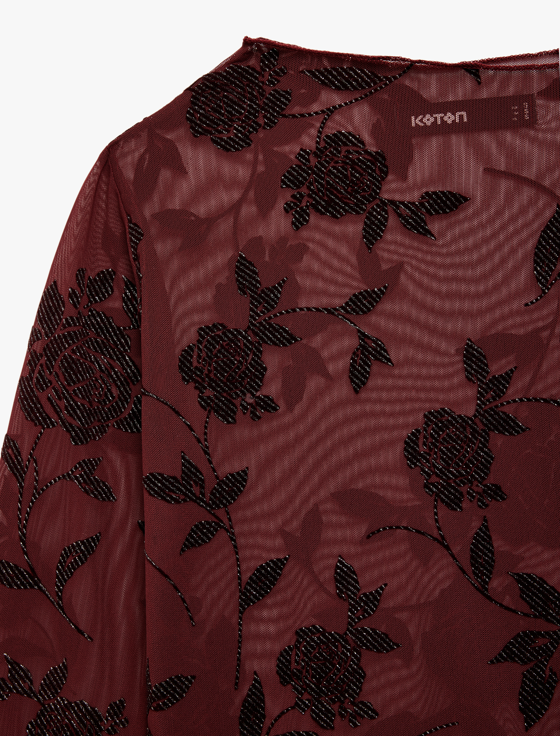   Uzun İspanyol Kollu Parıltılı Çiçek Desenli Tül Transparan Bluz